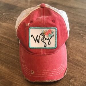 Judith March Distressed Red and Tan Mesh “Wifey” Cap